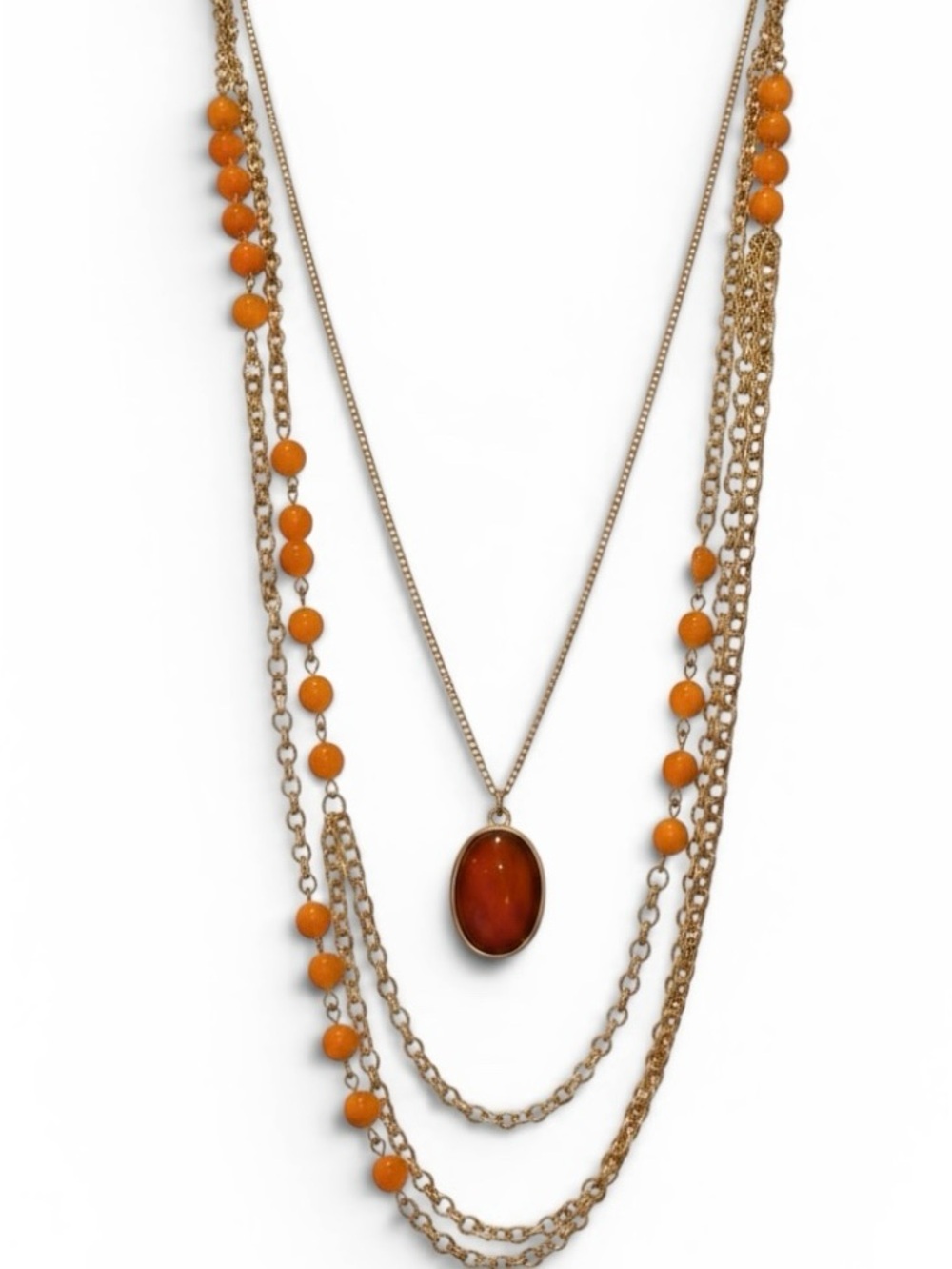 Vintage Gold Tone Layered Necklace Orange Beads Red Cabochon Pendant Boho